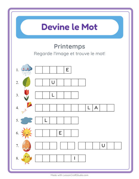 Aperçu de la fiche Devine Le Mot avec Printemps pour École maternelle (grande section, 5-7 ans)