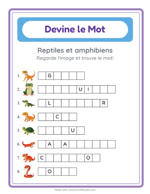 Aperçu de la fiche Devine Le Mot avec Reptiles et amphibiens pour École maternelle (grande section, 5-7 ans)
