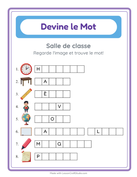 Aperçu de la fiche Devine Le Mot avec Salle de classe pour École maternelle (grande section, 5-7 ans)