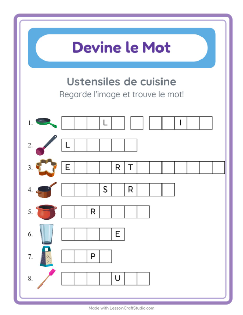 Aperçu de la fiche Devine Le Mot avec Ustensiles de cuisine pour École maternelle (grande section, 5-7 ans)