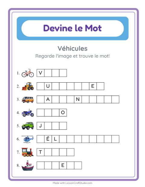 Aperçu de la fiche Devine Le Mot avec Véhicules pour École maternelle (grande section, 5-7 ans)