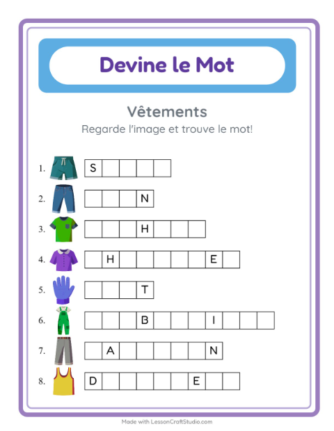 Aperçu de la fiche Devine Le Mot avec Vêtements pour École maternelle (grande section, 5-7 ans)