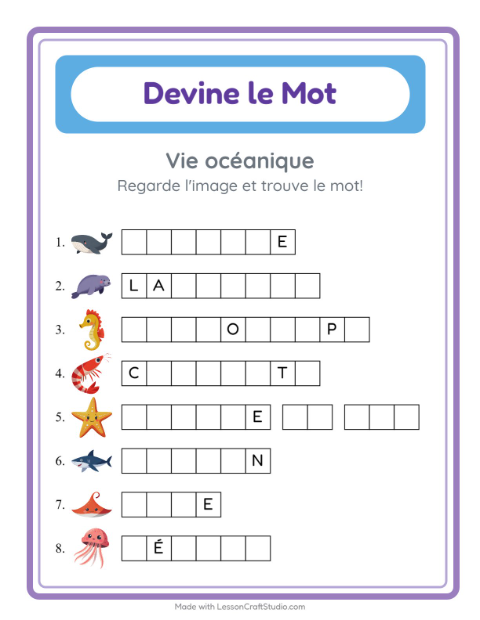Aperçu de la fiche Devine Le Mot avec Vie océanique pour École maternelle (grande section, 5-7 ans)