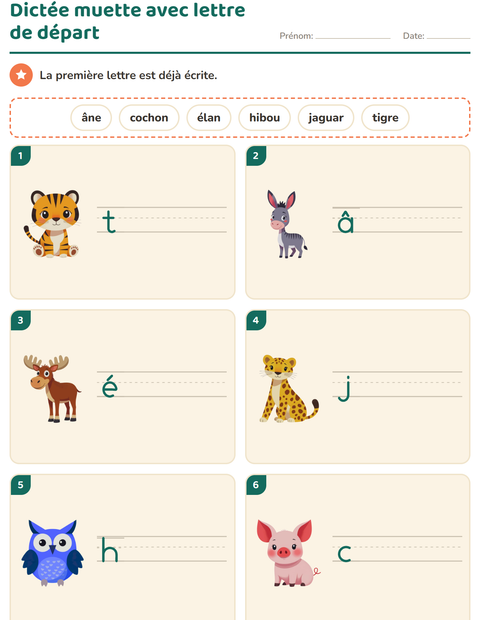 Dictée muette avec la première lettre : six animaux et une liste