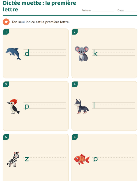 Dictée muette avec la seule première lettre : six animaux