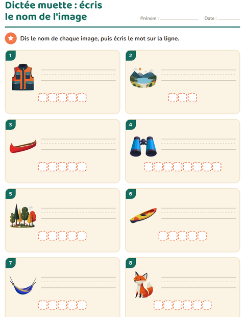 Aperçu de la fiche Dictée muette avec Camping pour CP (cours préparatoire)