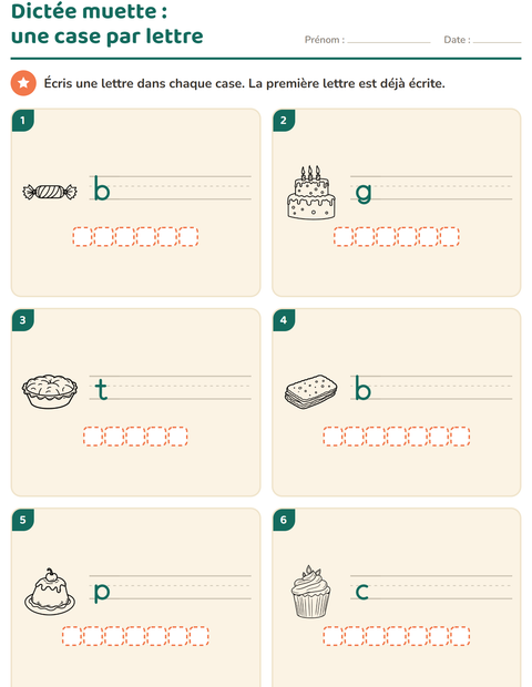 Aperçu de la fiche Dictée muette avec Dessert (N&B) pour CP (cours préparatoire)