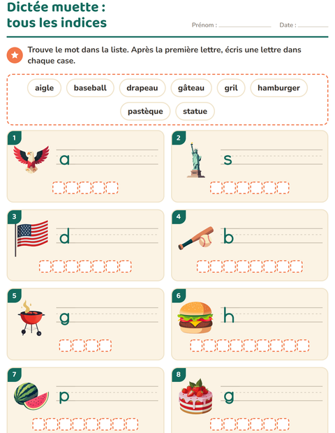 Aperçu de la fiche Dictée muette avec 4 juillet pour CP (cours préparatoire)