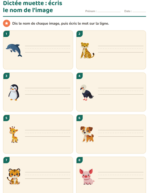 Aperçu de la fiche Dictée muette avec Animaux pour CP (cours préparatoire)