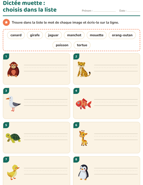 Aperçu de la fiche Dictée muette avec Animaux pour CP (cours préparatoire)