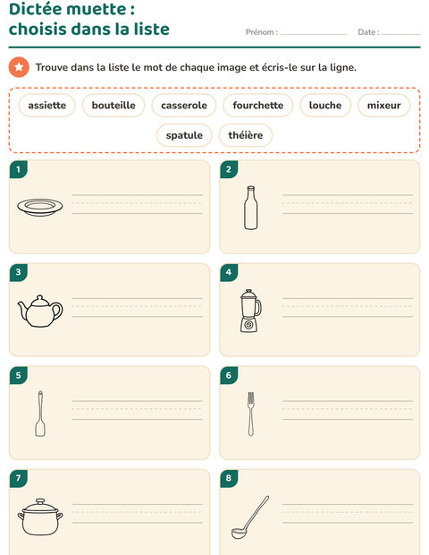 Aperçu de la fiche Dictée muette avec Cuisine NB pour CP (cours préparatoire)