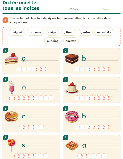 Aperçu de la fiche Dictée muette avec Desserts et sucreries pour CP (cours préparatoire)
