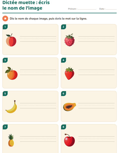 Aperçu de la fiche Dictée muette avec Fruits pour CP (cours préparatoire)