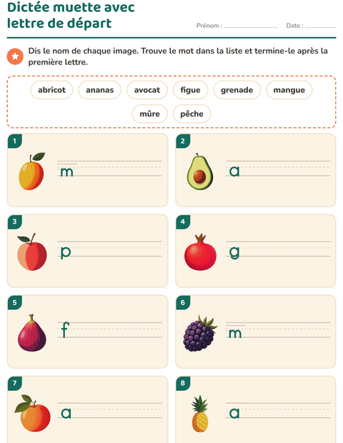 Aperçu de la fiche Dictée muette avec Fruits pour CP (cours préparatoire)