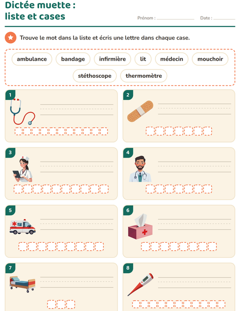 Aperçu de la fiche Dictée muette avec Hôpital pour CP (cours préparatoire)