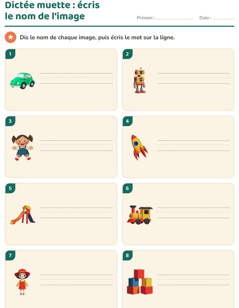 Aperçu de la fiche Dictée muette avec Jouets pour CP (cours préparatoire)