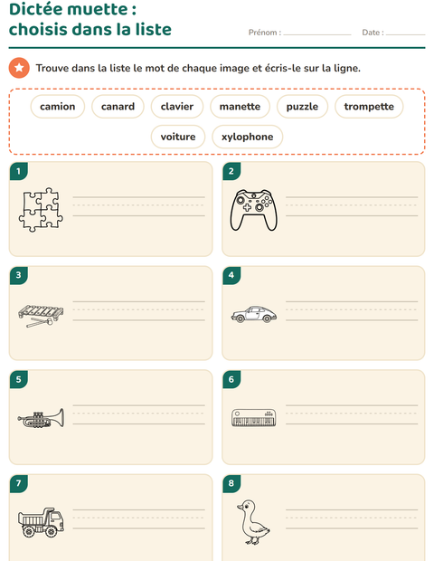 Aperçu de la fiche Dictée muette avec Jouets NB 2 pour CP (cours préparatoire)