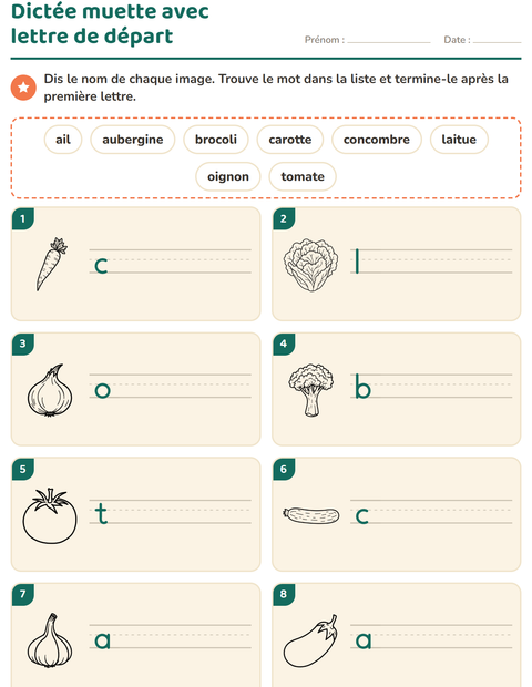 Aperçu de la fiche Dictée muette avec Légumes NB pour CP (cours préparatoire)