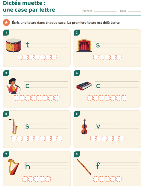 Aperçu de la fiche Dictée muette avec Musique pour CP (cours préparatoire)