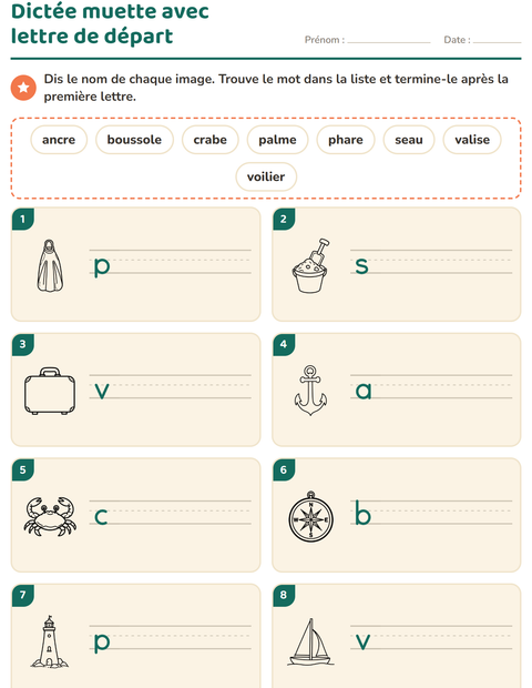 Aperçu de la fiche Dictée muette avec Plage NB pour CP (cours préparatoire)