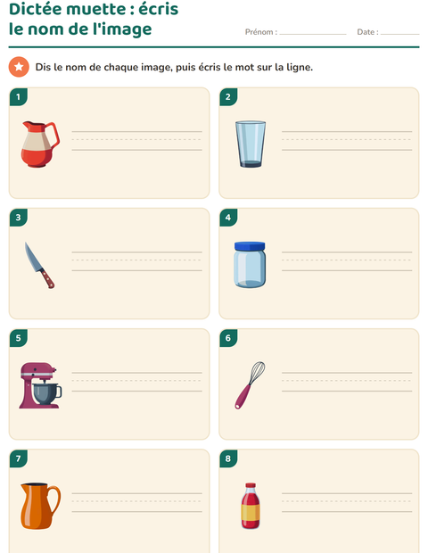 Aperçu de la fiche Dictée muette avec Ustensiles de cuisine pour CP (cours préparatoire)