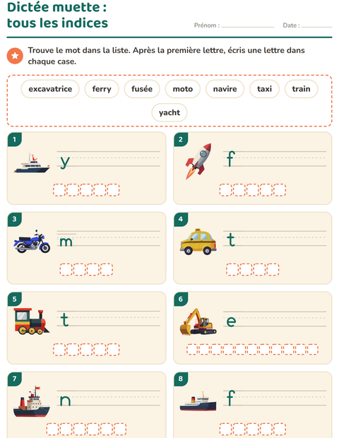 Aperçu de la fiche Dictée muette avec Véhicules pour CP (cours préparatoire)
