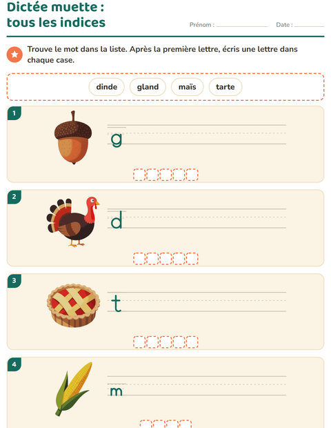 Aperçu de la fiche Dictée muette avec Action de grâce pour CP (cours préparatoire)