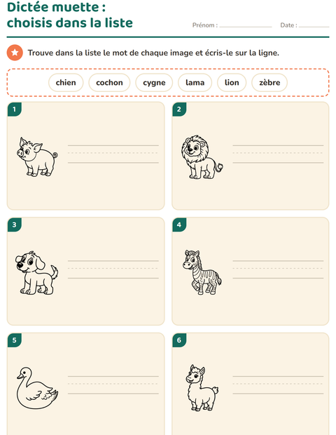 Aperçu de la fiche Dictée muette avec Animaux NB pour CP (cours préparatoire)