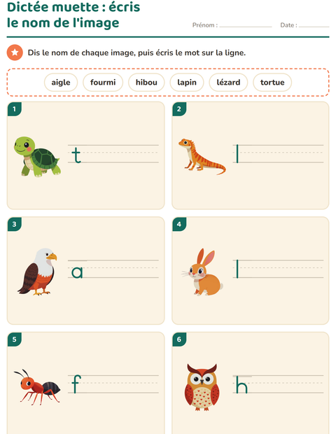 Aperçu de la fiche Dictée muette avec Créatures de la forêt pour CP (cours préparatoire)