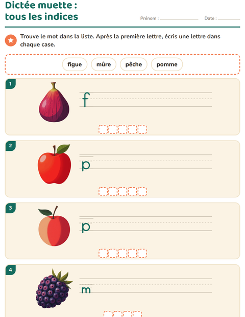 Aperçu de la fiche Dictée muette avec Fruits pour CP (cours préparatoire)