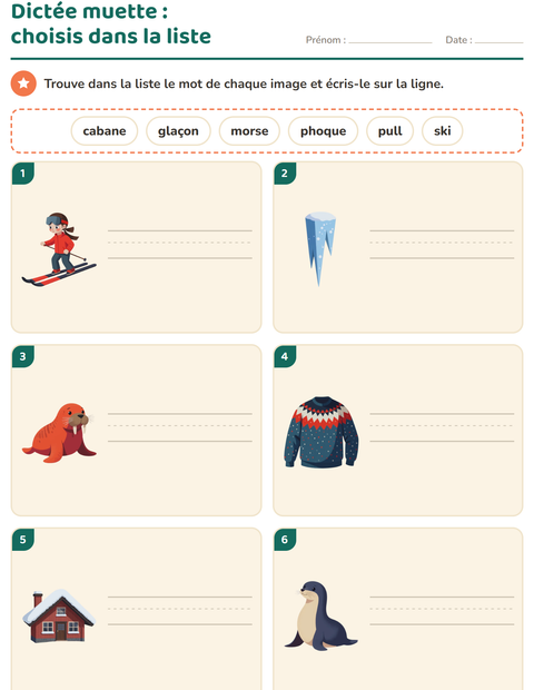 Aperçu de la fiche Dictée muette avec Hiver pour CP (cours préparatoire)