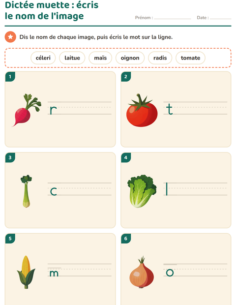 Aperçu de la fiche Dictée muette avec Légumes pour CP (cours préparatoire)