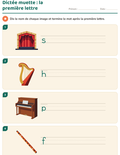 Aperçu de la fiche Dictée muette avec Musique pour CP (cours préparatoire)