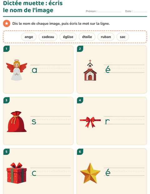 Aperçu de la fiche Dictée muette avec Noël pour CP (cours préparatoire)