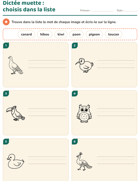 Aperçu de la fiche Dictée muette avec Oiseaux N&B pour CP (cours préparatoire)