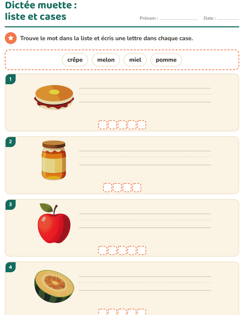 Aperçu de la fiche Dictée muette avec Petit-déjeuner pour CP (cours préparatoire)