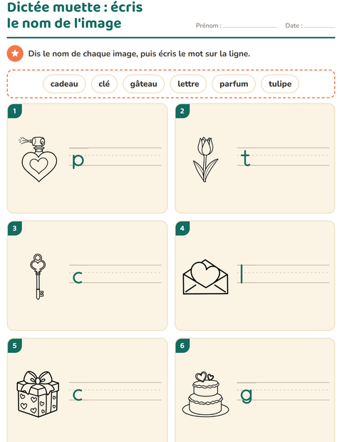 Aperçu de la fiche Dictée muette avec Saint-Valentin NB 2 pour CP (cours préparatoire)
