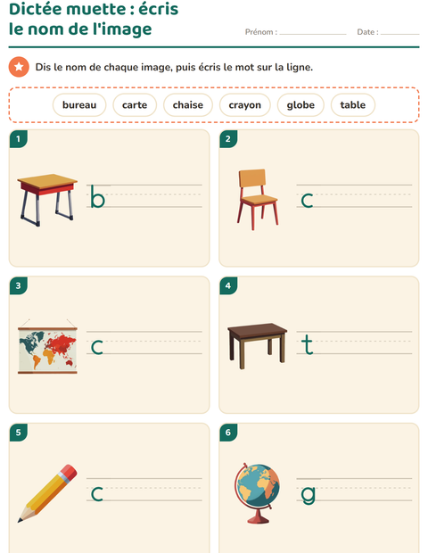 Aperçu de la fiche Dictée muette avec Salle de classe pour CP (cours préparatoire)