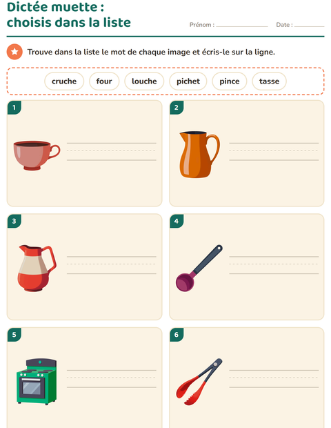 Aperçu de la fiche Dictée muette avec Ustensiles de cuisine pour CP (cours préparatoire)