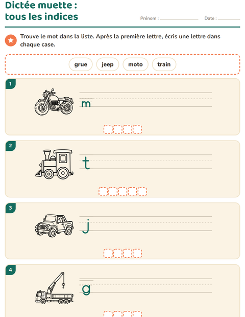 Aperçu de la fiche Dictée muette avec Véhicules NB pour CP (cours préparatoire)