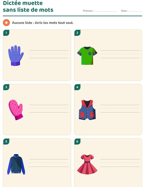 Aperçu de la fiche Dictée muette avec Vêtements pour CP (cours préparatoire)
