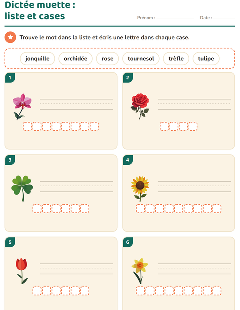 Aperçu de la fiche Dictée muette avec Fleurs pour CP (cours préparatoire)