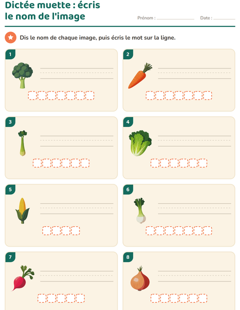 Aperçu de la fiche Dictée muette avec Légumes pour CP (cours préparatoire)