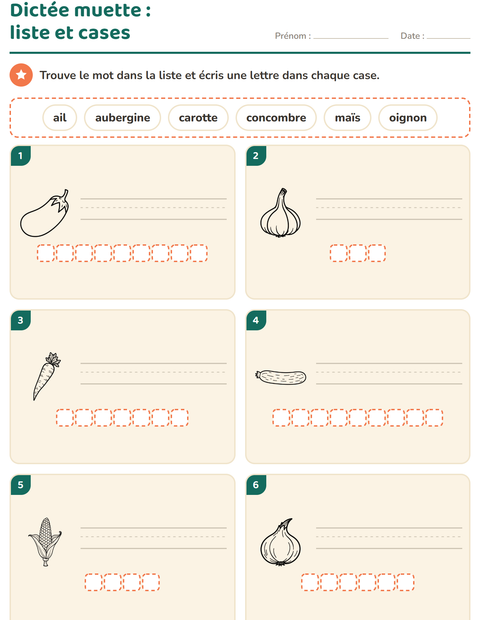 Aperçu de la fiche Dictée muette avec Légumes NB pour CP (cours préparatoire)