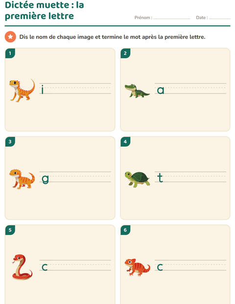 Aperçu de la fiche Dictée muette avec Reptiles et amphibiens pour CP (cours préparatoire)