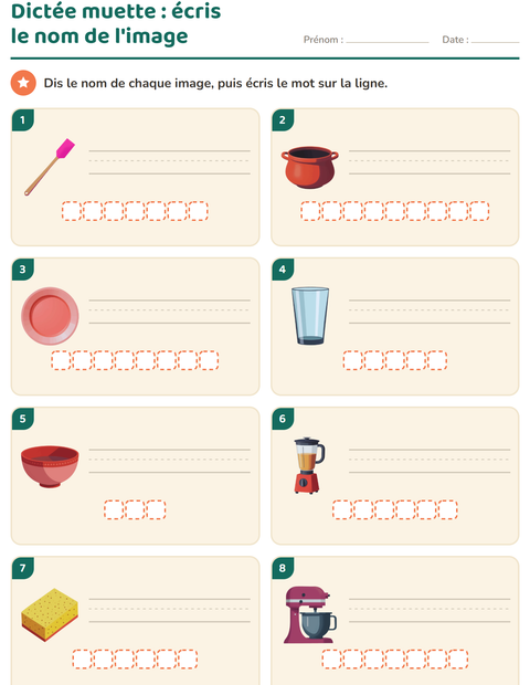 Aperçu de la fiche Dictée muette avec Ustensiles de cuisine pour CP (cours préparatoire)