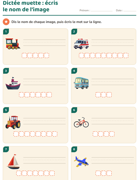 Aperçu de la fiche Dictée muette avec Véhicules pour CP (cours préparatoire)