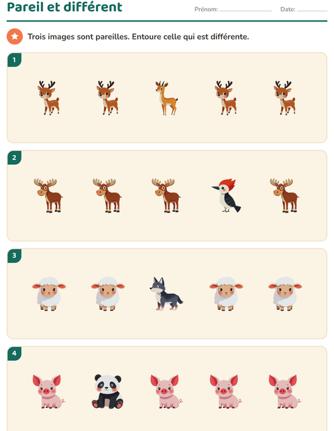 Aperçu de la fiche Discrimination visuelle avec Animaux pour École maternelle (grande section, 5-7 ans)