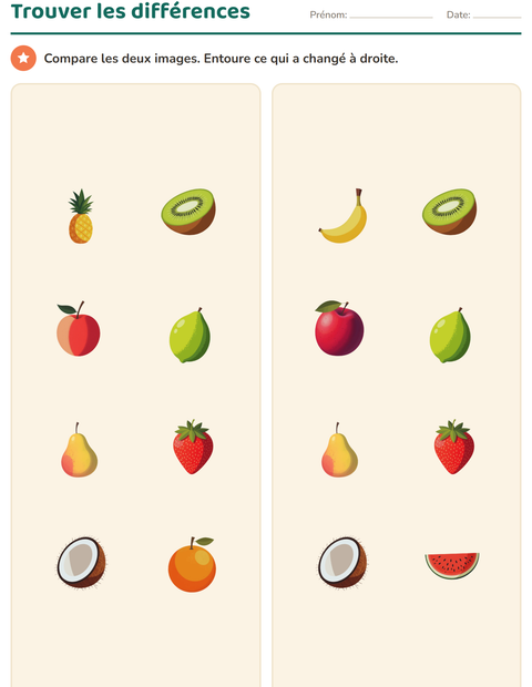 Aperçu de la fiche Discrimination visuelle avec Fruits pour École maternelle (grande section, 5-7 ans)