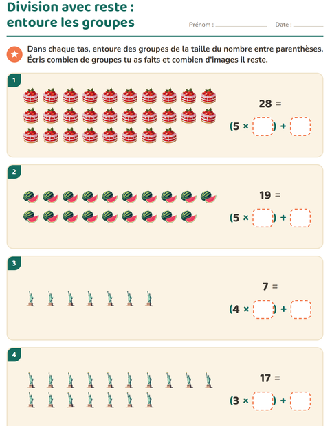 Aperçu de la fiche Division avec reste avec 4 juillet pour CE2 (cours élémentaire 2)